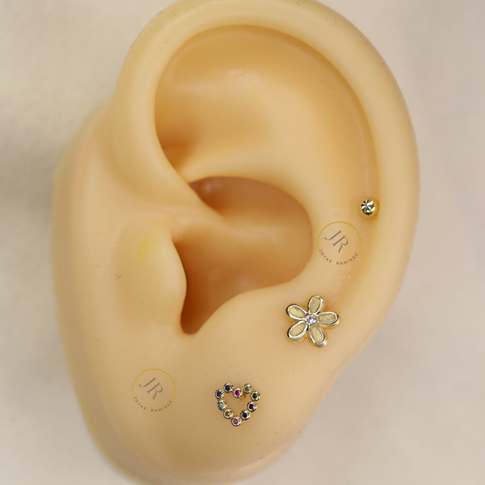 14K Yellow Gold Heart Stud Earrings with Rainbow Colors · Dainty & Elegant. - Picture 2 of 8
